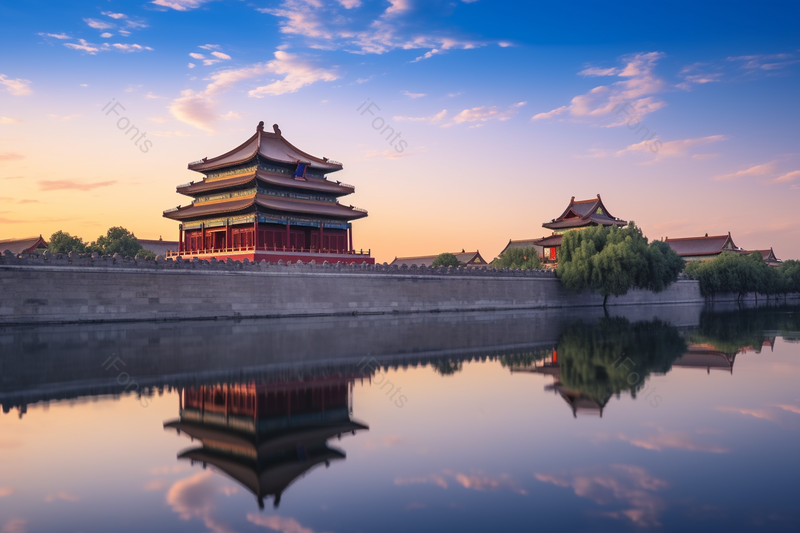 宫殿城墙城外美景护城河倒影蓝天晚霞风景如画建筑摄影,高清,摄影图,摄影图片,图片大全,摄影图免费下载